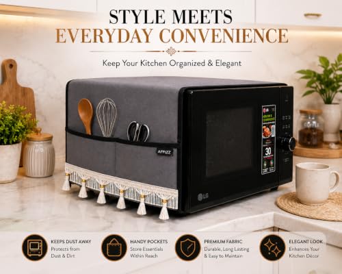 Image of Microwave Cover Top with Tassel Lace | Waterproof, Dustproof & Washable Microwave Oven Cover for Kitchen, 4 Side Storage Pockets, Durable Polyester Fabric, Dark Grey, (100 x 35 cm)