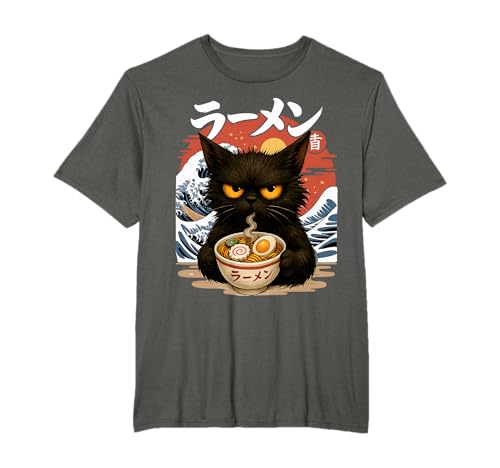 Gato Kawaii Comiendo Fideos Ramen Anime Great Wave Kanagawa Camiseta