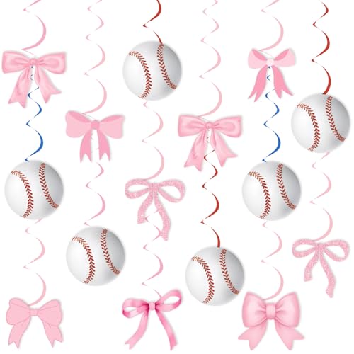 Kreatwow Pelotas de béisbol o lazos, decoraciones de revelación de género, 36 piezas de lazos de béisbol, remolinos colgantes, decoraciones de revelación de género, decoración de béisbol para niños y