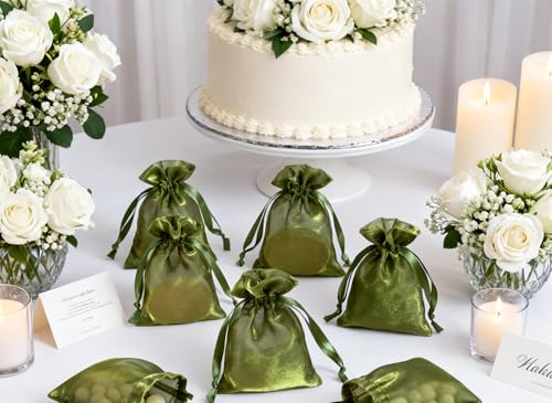 Image of QIANF 20 Pcs Moss Green Small Organza Bags 4X6 inch for Wedding Favors with Drawstring, Mini Mesh Gift Bags Jewelry Pouch for Candy Bridal Shower Party Favor Baby Shower Christmas