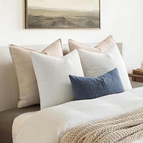 Image of MIULEE Decorative Linen Check Lumar Throw Pillow Covers Neutral Farmhouse Vintage Pillow Covers 12x20 Set of 2 Boho Modern Home Decor for Sofa Couch Bedroom Cushion Blue