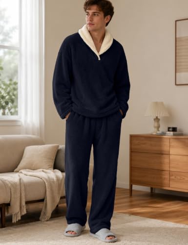 Image of Mens Fluffy Coral Fleece Pajamas Set Pullover Pants Loose Plush Warm Loungewear Sleepwear