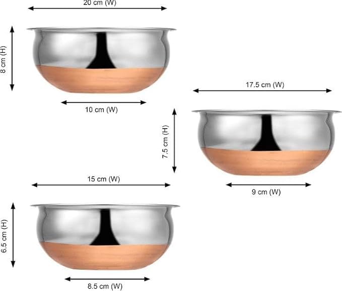 Image of 3pcs Stainless Steel Copper Bottom Kitchen Serving,Traditional Indian Cook,Biryani Handi for Restaurant Cookware Set Ideal for Dal & Gravy & Dining Serveware (3 pcs)