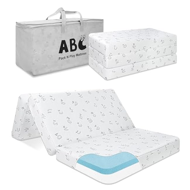 Trifold Pack and Play Mattress, 38x26 Memory Foam Dual-Sided Pack N Play Mattresses for Baby Toddler, Foldable Portable Travel Crib Mattress for Pack N Play Playpen