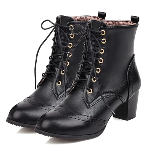SHEMEE Women's Wingtip Block Heels Ankle Boots Lace-Up Stacked Chunky Heel Booties Round Toe Short Boots