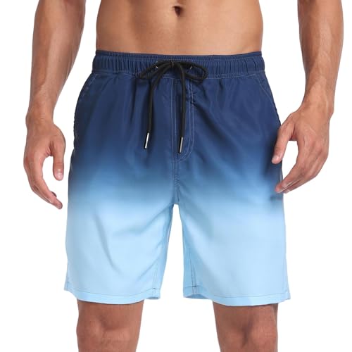 FOCLMP Board Shorts for Men Summer Beach Lightweight Gradient Print Swim Trunks Surfing Elastic Waist Drawstring Bathing Suit Board Shorts Mens Blue S