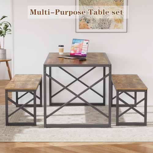 Image of VECELO 55 inch Kitchen Dining Table Set for 4, Heavy-Duty Steel Frame & Wood-Grain Tabletop, Space-Saving Dinette Sets with 2 Benches for Breakfast Nook and Small Space, Brown