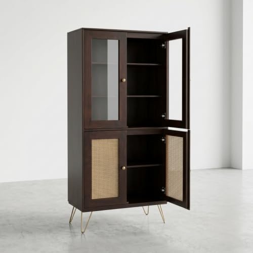 Image of Solid Wood Crockery Cabinet | Sheesham Wood Storage Unit with Glass Doors & Cane Panel | Handcrafted Dining Room Display Cabinet (Walnut Finish)