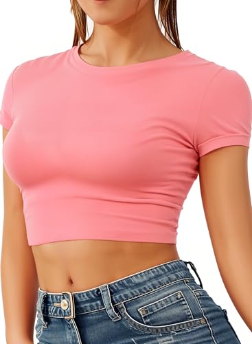 Re Tech UK - Women's Basic Ladies Short Sleeve Stretchy Crop Tops for Women, Slim Fit Crew Neck, Cropped T Shirt, Summer, Cute, Tshirt, Sizes 8-14 (S/M 8-10, Coral)