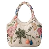 Aliceset Ladies Casual Hemp Handbag Boho Vintage Embroidered Casual Purse Embroidery Multi Pocket Retro Handbag for Women