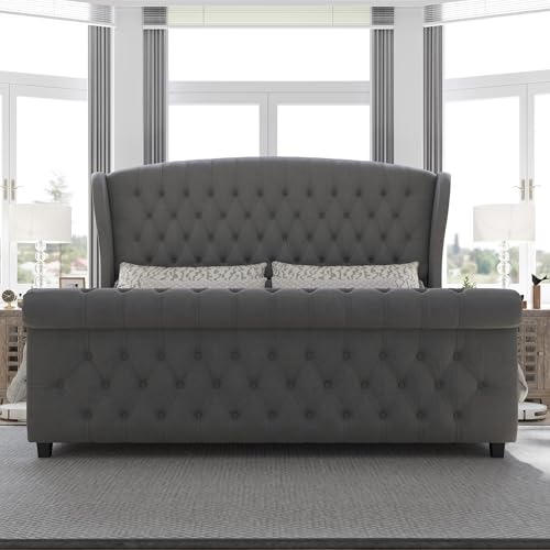 Image of AMERLIFE California King Size Platform Bed Frame, Velvet Upholstered Sleigh Bed with Scroll Wingback Headboard & Footboard /Button Tufted /No Box Spring Required /Grey