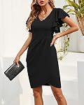 ihot Women's 2026 V Neck Ruffle Sleeve Bodycon Cocktail Party Dress Faux Wrap Ruched Sheath Casual Work Dresses