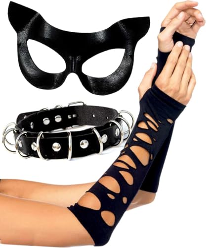 YUEXNKO Disfarce de gato acessórios, disfarce de gato para mulher, kit disfarce gato acessórios mulher colar máscara luvas mulher meninas para cosplay disfarce de Halloween carnaval para mulheres (B)