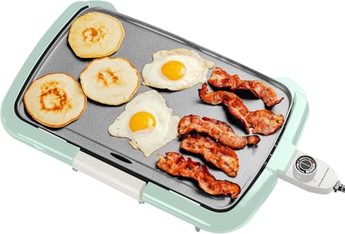 OVENTE Electric Griddle with 16 x 10 Inch Flat Non-Stick Cooking Surface, Removable and Adjustable Temperature Control, Indoor Grill for Instant Breakfast, Pancakes, Eggs or Burgers, Blue GD1610LBL