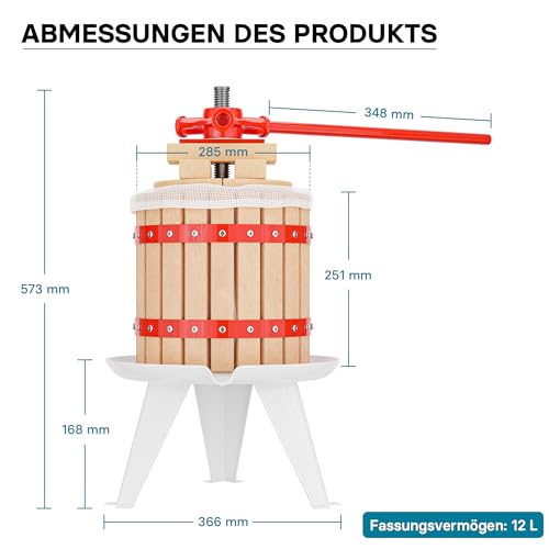 Foto von Wiltec Set 12L Obstpresse aus Buchenholz inkl. Presstuch und Obstmühle mit 7L Trichter, Zur Herstellung von Saft Wein und Maische