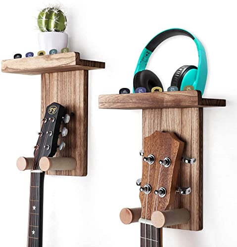 1 Pack Guitar Wall Hanger, Mount with Shelf, Hanger Pick Holder, Wooden Hanging Holder for Acoustic Guitar,Ukulele,Bass,Mandolin,Violin (Brown)