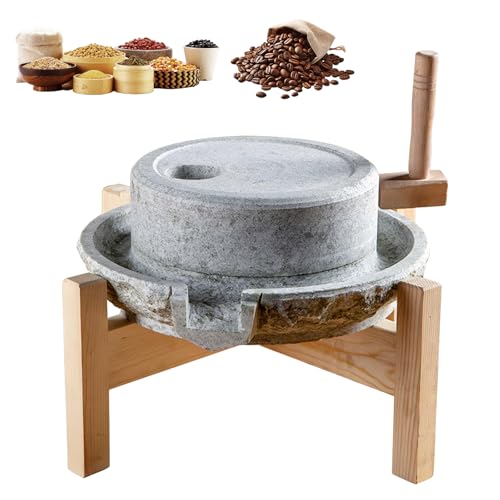 Manual Stone Mill with Wooden Frame – Natural Bluestone Hand Grain Grinder for Wheat, Corn, Rice, Beans, Spices, Flour, Tofu, Cereal, Dry & Wet Grinding 11.8? × 15.8?