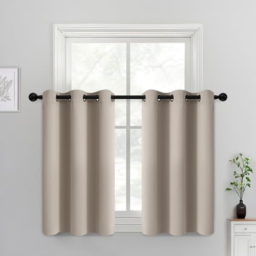 Yakamok Blackout Curtains Room Darkening Thermal Insulated Window Panels,Solid Grommet Top Drapes for Bedroom/Living Room(38Wx36L, Natural, 2 Panels)