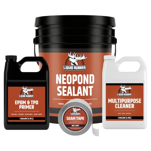 Liquid Rubber NeoPond Waterproof Pond Sealant - Fish and Plant Safe Waterproofing Membrane for Water Features Kit- Includes 5g Sealer, 1 Gallon EPDM Primer, 1 Gal RV Smart Cleaner , Seam Tape 4"x50'
