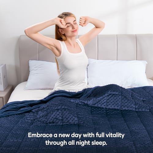 Image of Wemore Minky Dot Weighted Blanket for Adults Twin Size 15 lb, Soft Heavy Blanket for Stress Relief and Sleep Promotion, Breathable Blanket for All-Season with Glass Beads, Navy Blue 48 x 72 inches