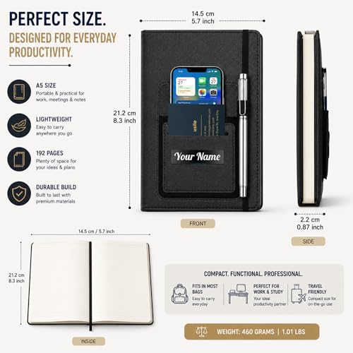 Image of Personalised Name PRINT | A5 Executive Notebook Diary with Mobile Holder, Card Slot & Pen Loop | Premium PU Leather Journal for Office, Meetings & Corporate Gifting | Office Diary & notebook