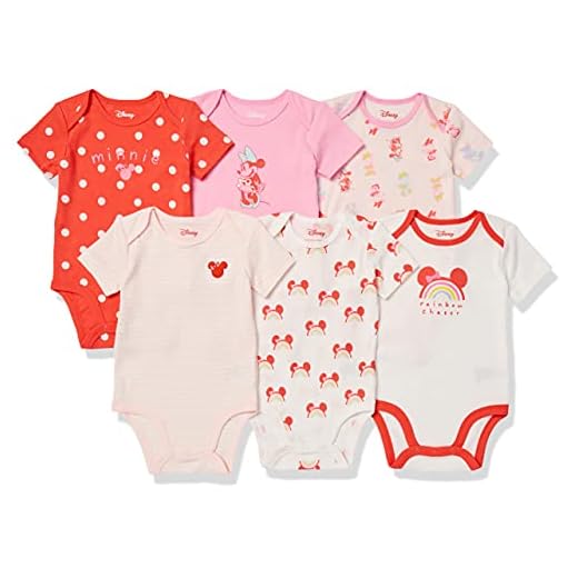 Amazon Essentials Disney | Marvel | Star Wars | Princess Baby Disney Short-Sleeve Bodysuits, Minnie Rainbow Chaser,Newborn