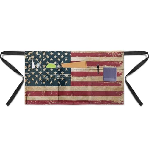 Noprintge American Flag Print Waist Apron with 3 Pockets, Retro Patriotic USA Flag Half Apron for Waitress Waiter, Maid Apron Easy to Clean and Lightweight