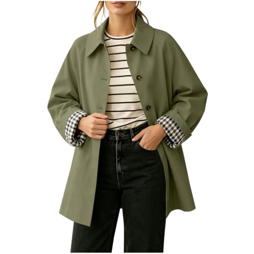 Trench Coat Women Button Front Casual Coats Fall Jackets with Plaid Cuff - image 1