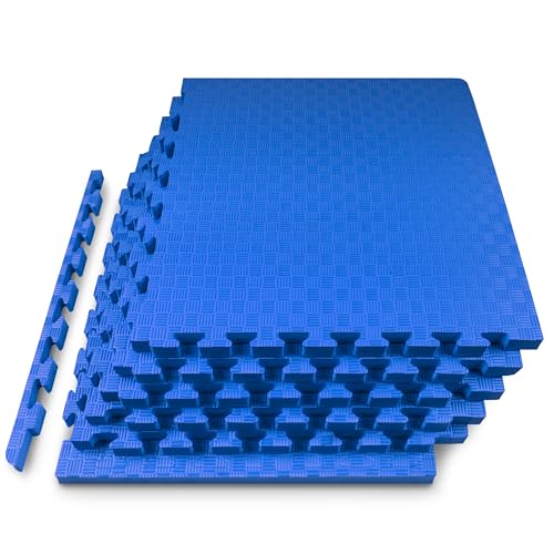 Image of ProsourceFit Exercise Puzzle Mat 1-inch, Checkered EVA Foam Floor Tiles w /Non-Slip Texture, Interlocking Design for Adjustable Gym Surfaces, Shock Absorbing, Blue, 24 SQ FT - 6 Tiles