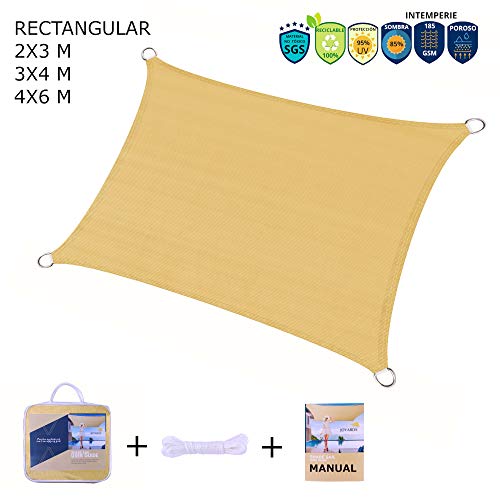 JOYARDS Toldo Vela de Sombra Rectangular 4x6 Metros Transpirable Color Arena | Se instala fácil en Fachada Exterior, Terraza, Jardín, Pérgola, Patio o Balcón | Toldo completo: Manual y Cuerdas 1,5m x4