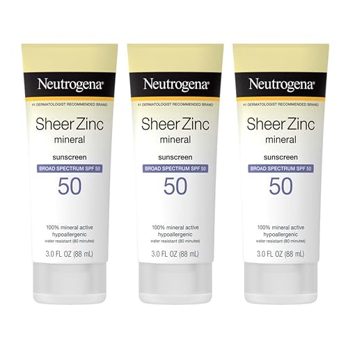 Neutrogena Mineral Sunscreen Sheer Zinc Oxide Dry-Touch Lotion, Broad Spectrum Sunblock SPF 50, Water Resistant Sunscreen For Sensitive Skin, 3 fl. oz, 3 Pack