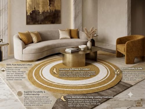 Image of Hand Woven Braided Carpet Rugs Round Traditional Spiral Design Jute Door mat Mat for Bedroom Living Room Dining Room Yoga (2x2 Feet Beige and White)