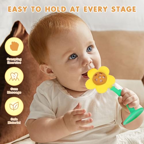 Image of Baby Teething Toys 3-6 Months, Teether and Sensory Rattle for Babies 0-6 Months, Food Grade Silicone Teethers 6-12 Months, Infant Teething Relief Chew Toys, Sunnyflower Teether Toy BPA Free - Yellow