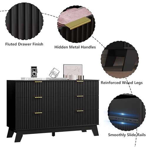 Image of HUANLEGO 6 Drawer Dresser for Bedroom, Black Fluted Dressers Chest of Drawers with Gold Handle, Wood Mid Century Modern Dressers for Closet, Bedroom Dresser Storage Organizer for Living Room, Hallway