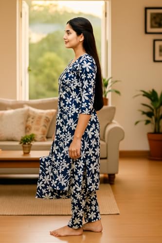 Image of Vlazom Women's 3-Piece Cotton Cord Set with Matching Bag | Floral Printed Co-Ord Set with Kurta Top & Pants | Ethnic Cotton Coord for Women