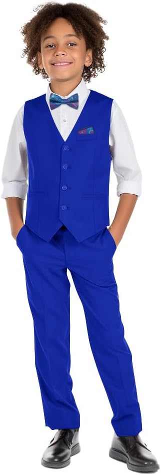 Boys' 6-Piece Formal Slim Fit Suit Set, Vest, Pants, Dress Shirt, Tie, Pocket Square, and Bow Tie