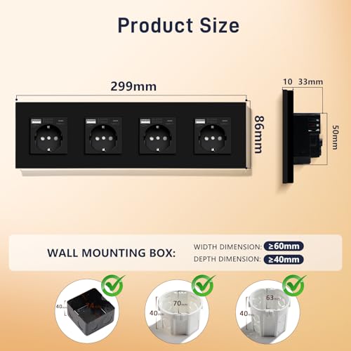 BSEED USB Steckdose Vierfach Schwarz Schuko Steckdose mit USB Anschluss (Max. 2.1A) Typ C Port Unterputz Steckdose Glas Schutzkontakt-Steckdose Ladeger&auml;t f&uuml;r Handys, Laptops etc