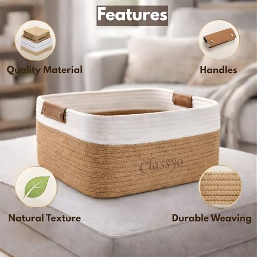 Image of Classyo Cotton Jute Basket for Storage (Pack of 2-12 X 8 X 5 INCH), Jute Storage Basket Ideal for Organization & Gift Hampers | Storage Box Shelf Baskets for Kitchen (Beige and White)