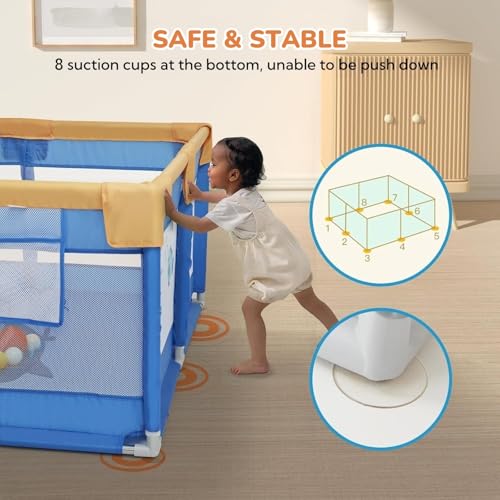 Image of 120 x 120 cm Small Playpen for Baby 6M-3Y, Baby Playard with Anti-Fall Grasp Rings & Safety Lock ((No Mat /No Ball, Non-Foldable)-Blue