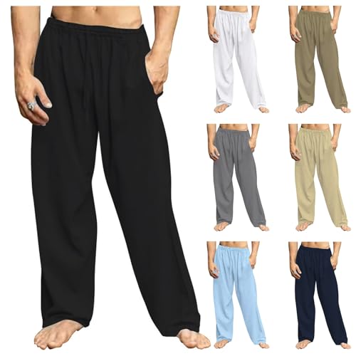 Mens Cotton Linen Drawstring Pants Lightweight Summer Casual Loose Yoga Jogger Pant Elastic Waist Wide Leg Sweatpants3