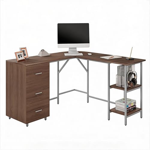 Techni Mobili L Shaped Desk - Two-Toned Computer Desk with Drawers & Storage Shelves - Simple Modern...