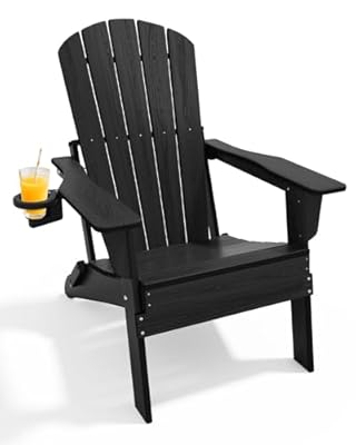 Upgraded Folding Adirondack Chair with All-Weather Cup Holder-EcoVida, Premium Wood Grain Texture, HDPE Waterproof, Suitable for Fire Pit, Patio, Porch, Black