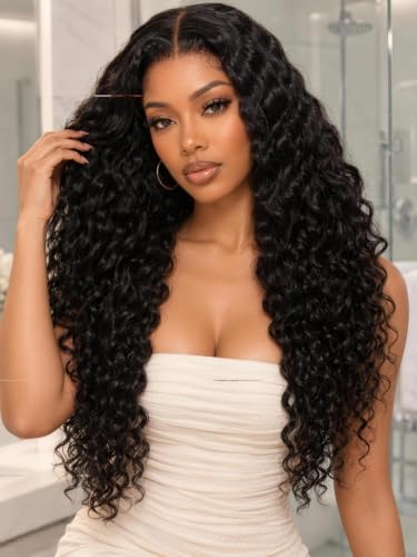 KLAIYI Bye Bye Slip™ Water Wave 7X5 Precut Lace Front Human Hair Wig Drawstring Glueless 3S Ready to Wear and Go Wig with Baby Hair Pre Plucked Bleached Bye Bye Knots Curly Wig 180%Density Full 22Inch