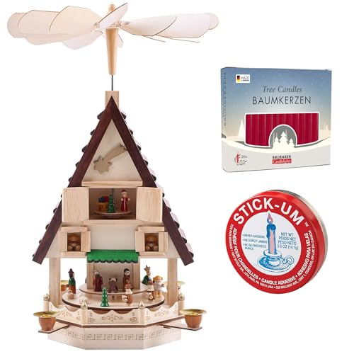 BRUBAKER Christmas Pyramid - 19.3 Inches - Designed in Germany + 20 Dark Red Candles + Stick-Um Candle Adhesive