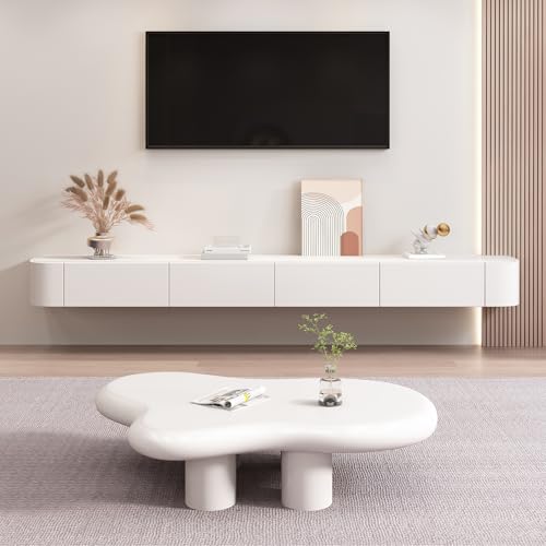 HYANXUE Meuble TV Flottant, Étagères TV Murales avec Porte, Console Multimédia TV, Meuble TV Flottant, Grand Banc TV De Rangement sous La Télévision(Blanc,200CM/78.7")
