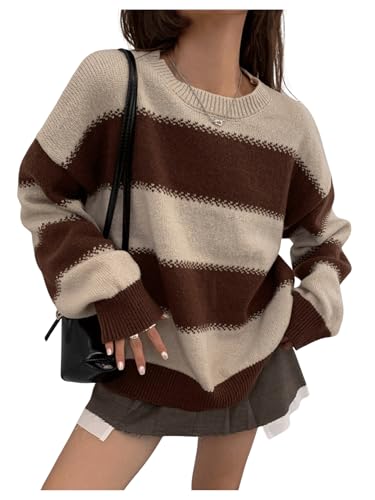 SweatyRocks Women's Striped Sweater Crew Neck Long Sleeve Loose Vintage Pullover Sweaters
