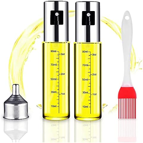 Miorkly Ölsprüher für Speiseöl, Skaliert Olivenöl Flasche, Ölspender, Sprühflasche Öl, Aus Edelstahl und Glas, 2x100ml Olivenöl Spray + 1 Öl Pinsel Kochen +1 Trichter Kombination Oil Sprayer Cover