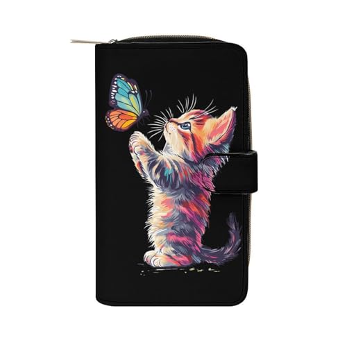 Cute Cat Playing Butterflies Long Wallet PU Leather Credit Card Holder Durable Zippered Purse Clutch Wallet