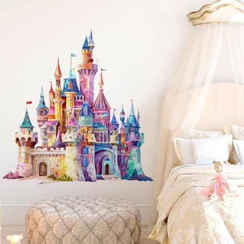 Runtoo Princess Castle Wall Decals for Girls Bedroom Watercolor Fairy Tale Wall Stickers Peel and Stick Kids Baby Nursery Wall Decor