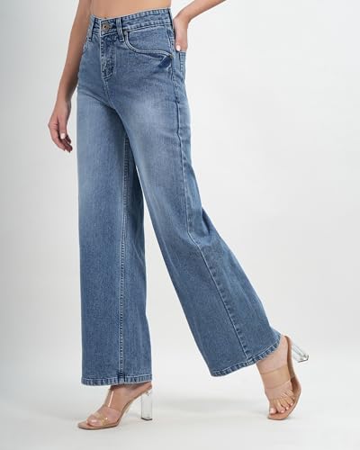 Image of Women's High Waist Wide Leg Jeans, Light Blue Denim, Stretchable Relaxed Fit